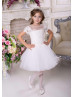 White Lace Tulle Cute Flower Girl Dress With Detachable Train